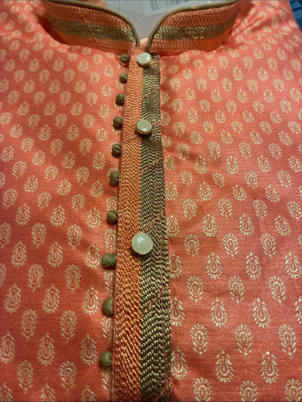 Men's Orange Traditional Kurta Pajama with Gold Motif and Brown Pant M|40 - Picture 7 of 8